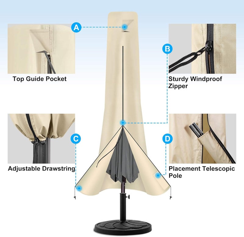 FLAME&SHADE Outdoor Umbrella Cover, Patio Umbrella Covers for Outdoor Umbrellas 9ft 10ft 11ft, Waterproof Oxford Fabric, Parasol Umbrella Protection, Beige - Image 5